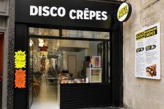 Front entrance of Disco Crêpes, a creperie and crepe making class in the Marais district of Paris.